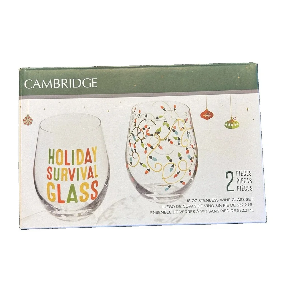 Cambridge Holiday Survival Glass 18 oz Stemless Wine Glass Set 2pc Christmas